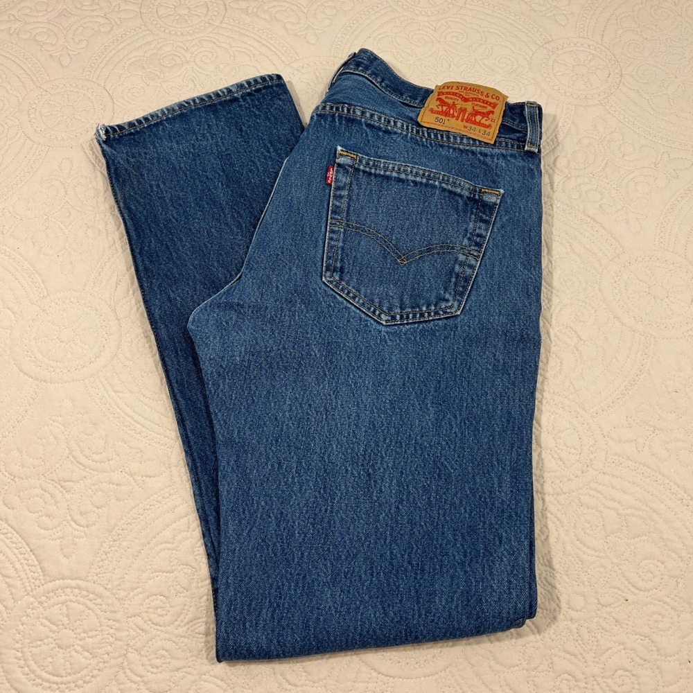 Levis 501 Original Fit Jeans Medium Wash Blue Distressed Denim W34 L34